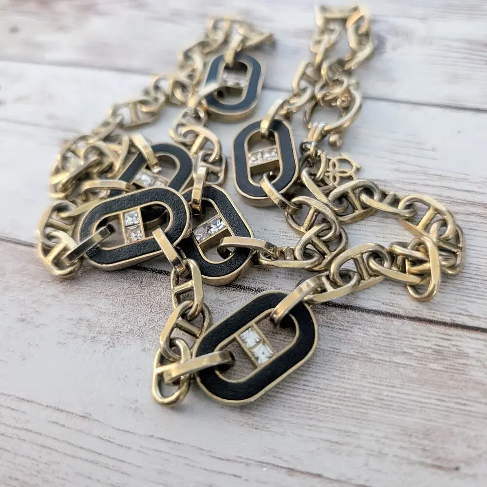 Ann Taylor Necklace Black, Gold Tone, Rhinestone Chunky Long Statement